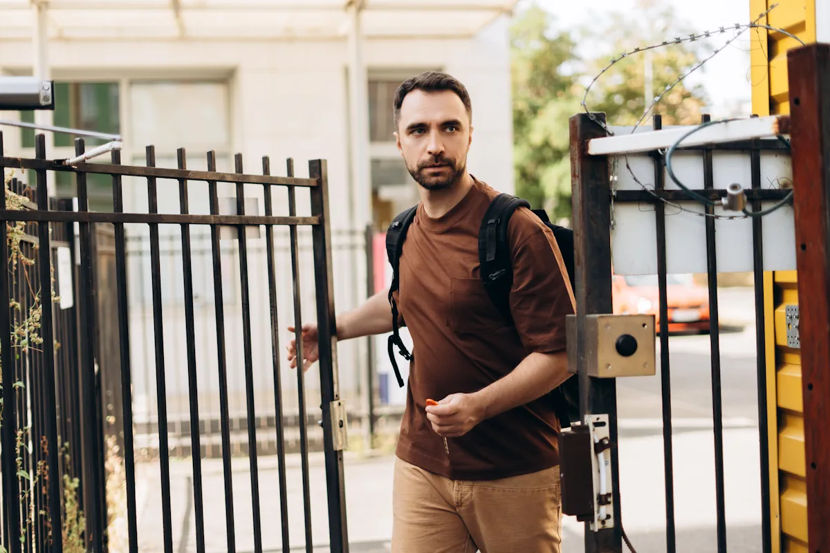Un homme qui ouvre un portail battant en métal